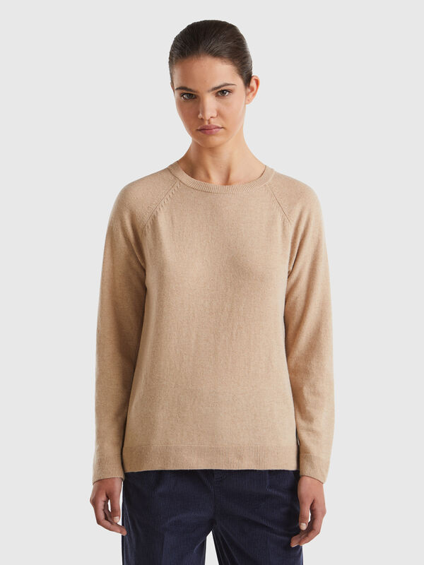 Jersey de cuello redondo camel en mezcla de lana y cachemir Mujer
