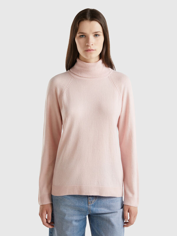 Jersey cuello alto rosa pastel en mezcla de lana y cachemira Mujer