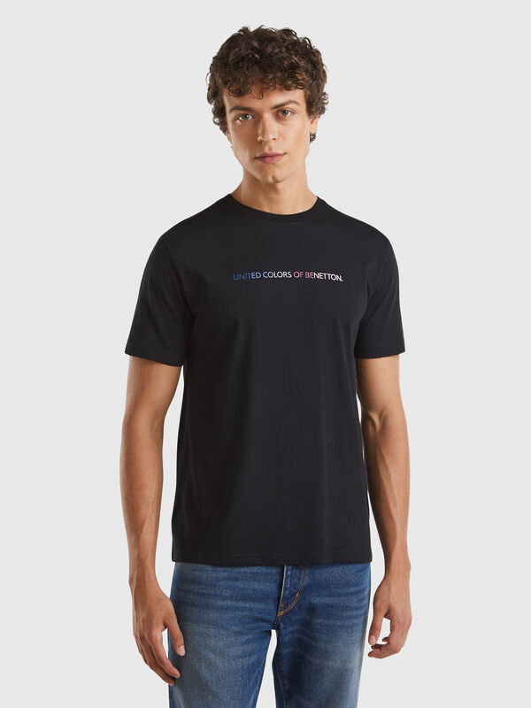 Camiseta negra de algodón orgánico con logotipo multicolor Hombre