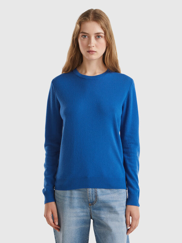 Jersey de cuello redondo en azul avio en pura lana merina Mujer