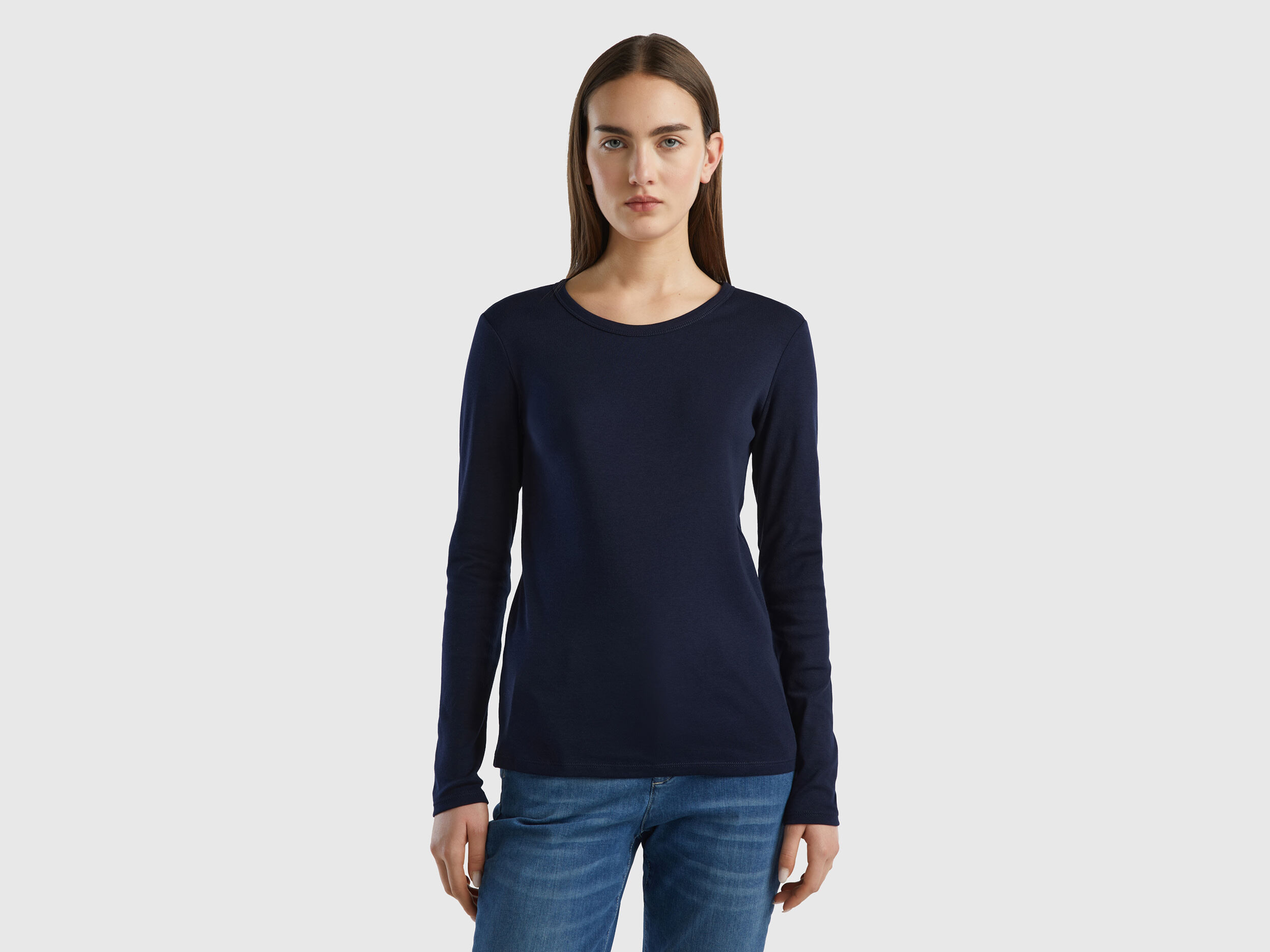 Camiseta de manga larga de algodon puro Azul Oscuro Benetton