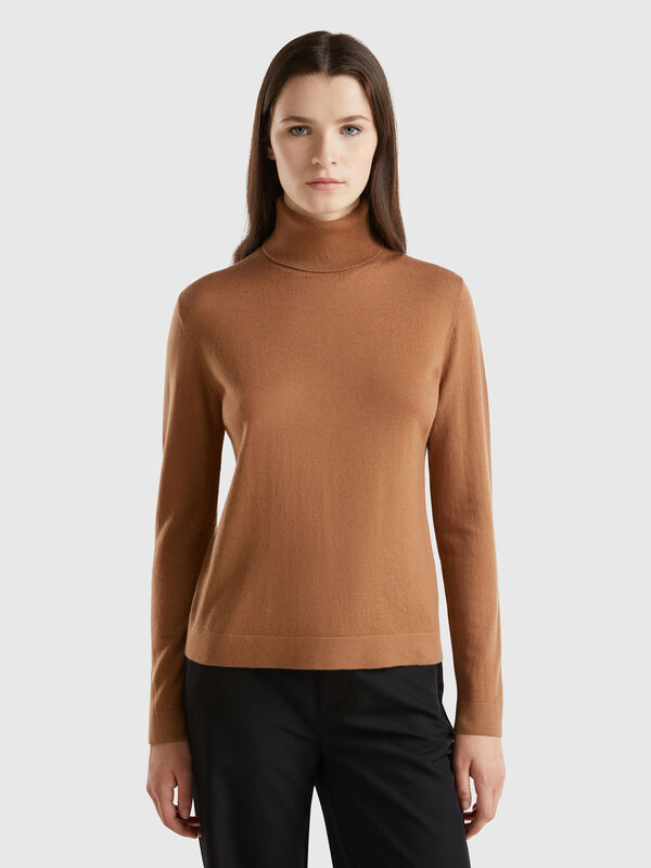 Jersey de cuello cisne de pura lana merina Mujer