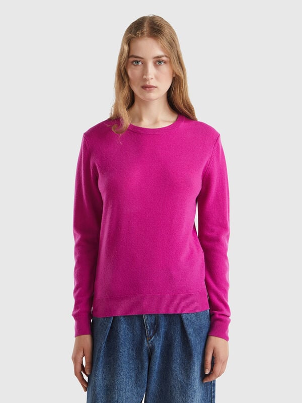 Jersey de cuello redondo fucsia ciclamen en pura lana merina Mujer