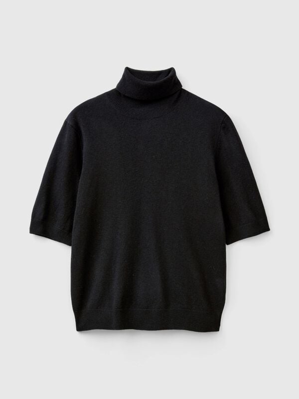 Jersey cuello alto negro de manga corta en mezcla de cachemira Mujer