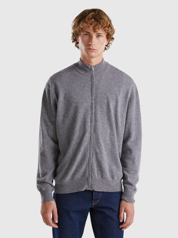 Cárdigan con cremallera gris oscuro en pura lana merina Hombre