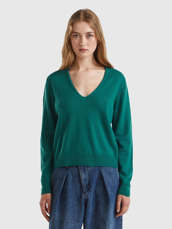 Jersey verde bosque cuello en V en pura lana merina Mujer