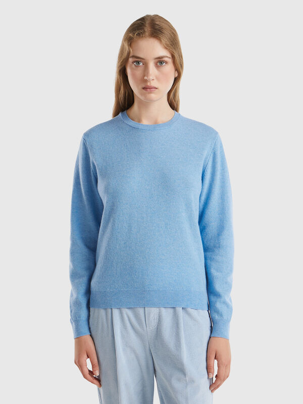 Jersey de cuello redondo azul jaspeado en pura lana merina Mujer