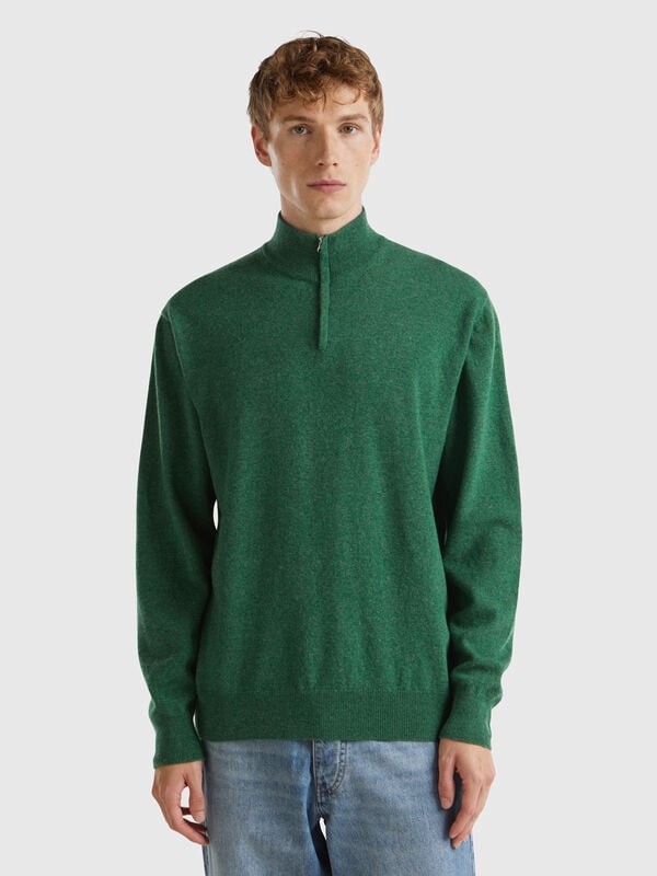 Jersey con cremallera verde jaspeado en lana merina 100% Hombre