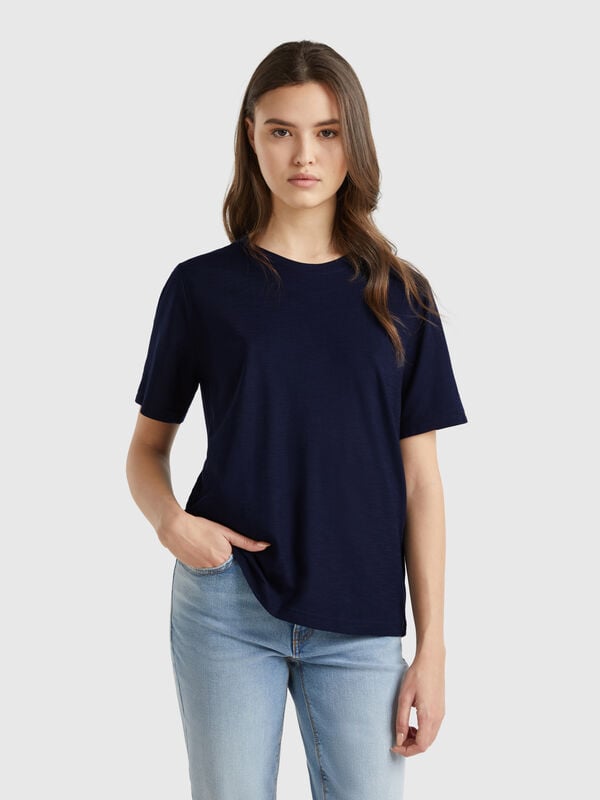 Camiseta de cuello redondo de algodón flameado Mujer