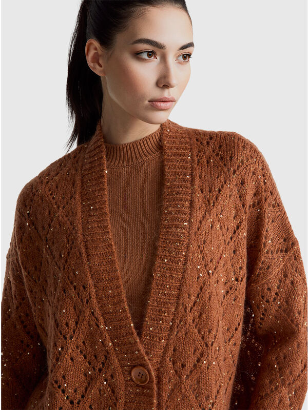 Cárdigan calado con lentejuelas Mujer