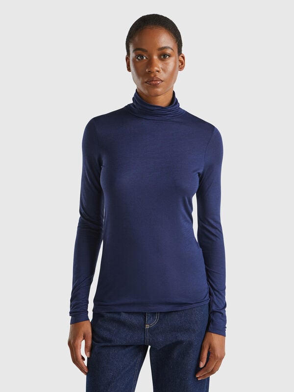 Camiseta de cuello alto en mezcla de viscosa y cachemir Mujer