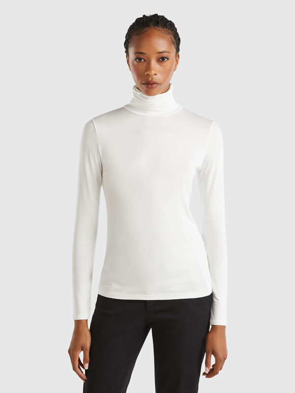Camiseta cuello alto en viscosa stretch Mujer