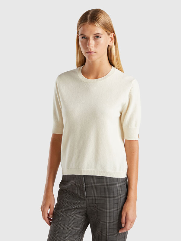 Jersey de manga corta crema de pura lana merina Mujer