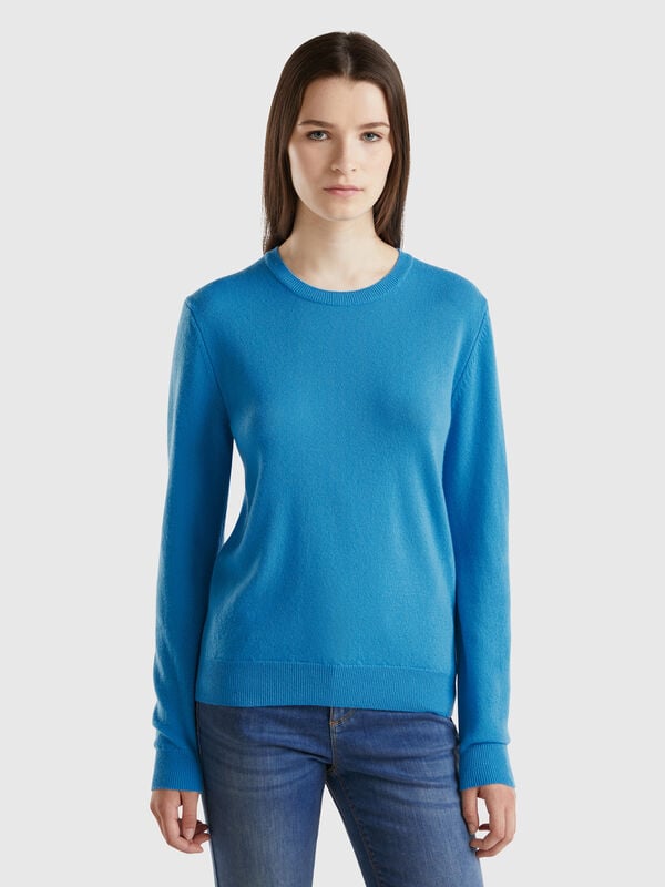 Jersey de cuello redondo azul claro en pura lana merina Mujer