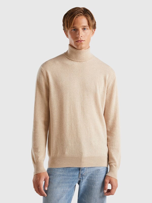 Jersey de cuello cisne beige de 100 % cachemir Hombre