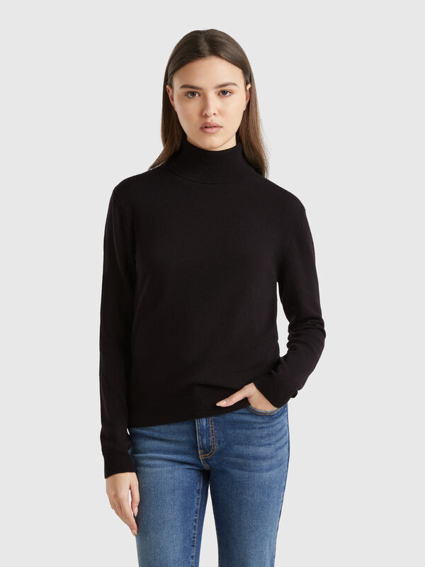 Jersey de cuello cisne negro de pura lana merina Mujer