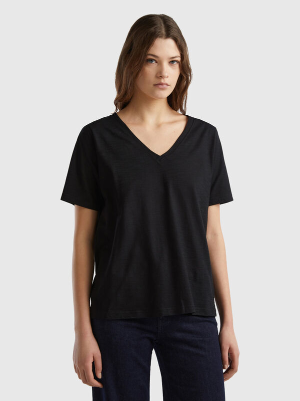 Camiseta de algodón flameado con escote de pico Mujer