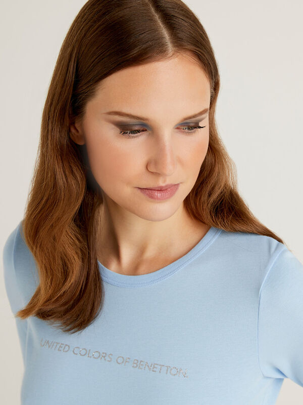Camiseta azul de manga larga de 100 % algodón Mujer