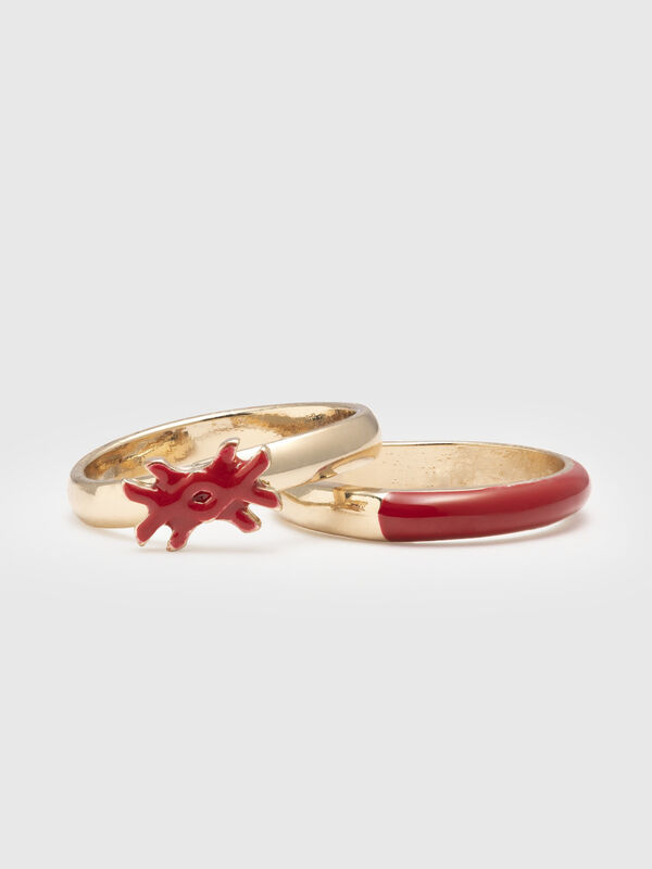 Dos anillos con detalles esmaltados rojo coral Mujer