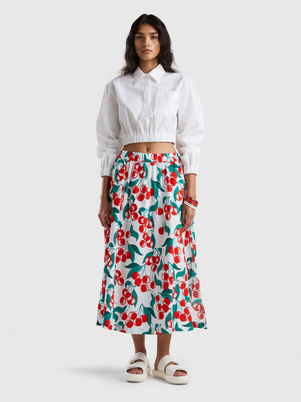 Falda midi con estampado de cerezas Mujer