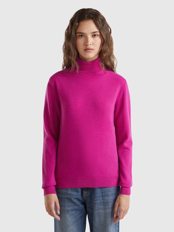 Jersey de cuello alto fucsia ciclamen en pura lana merina Mujer