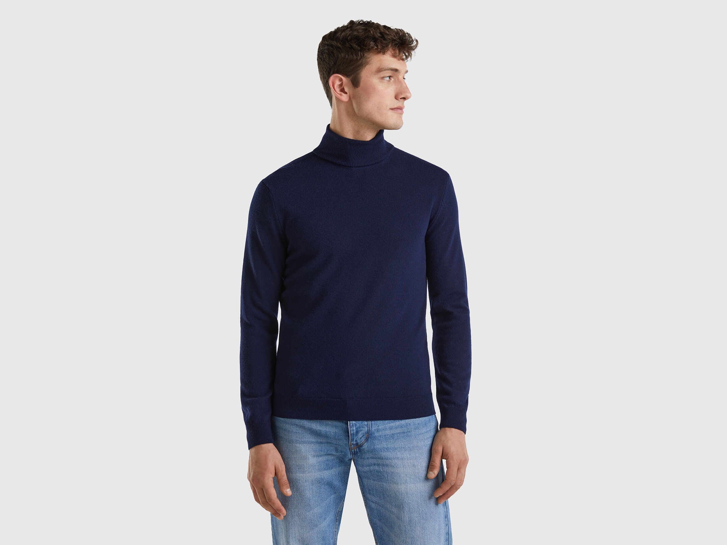 Jersey de cuello cisne azul oscuro de pura lana Merina Azul
