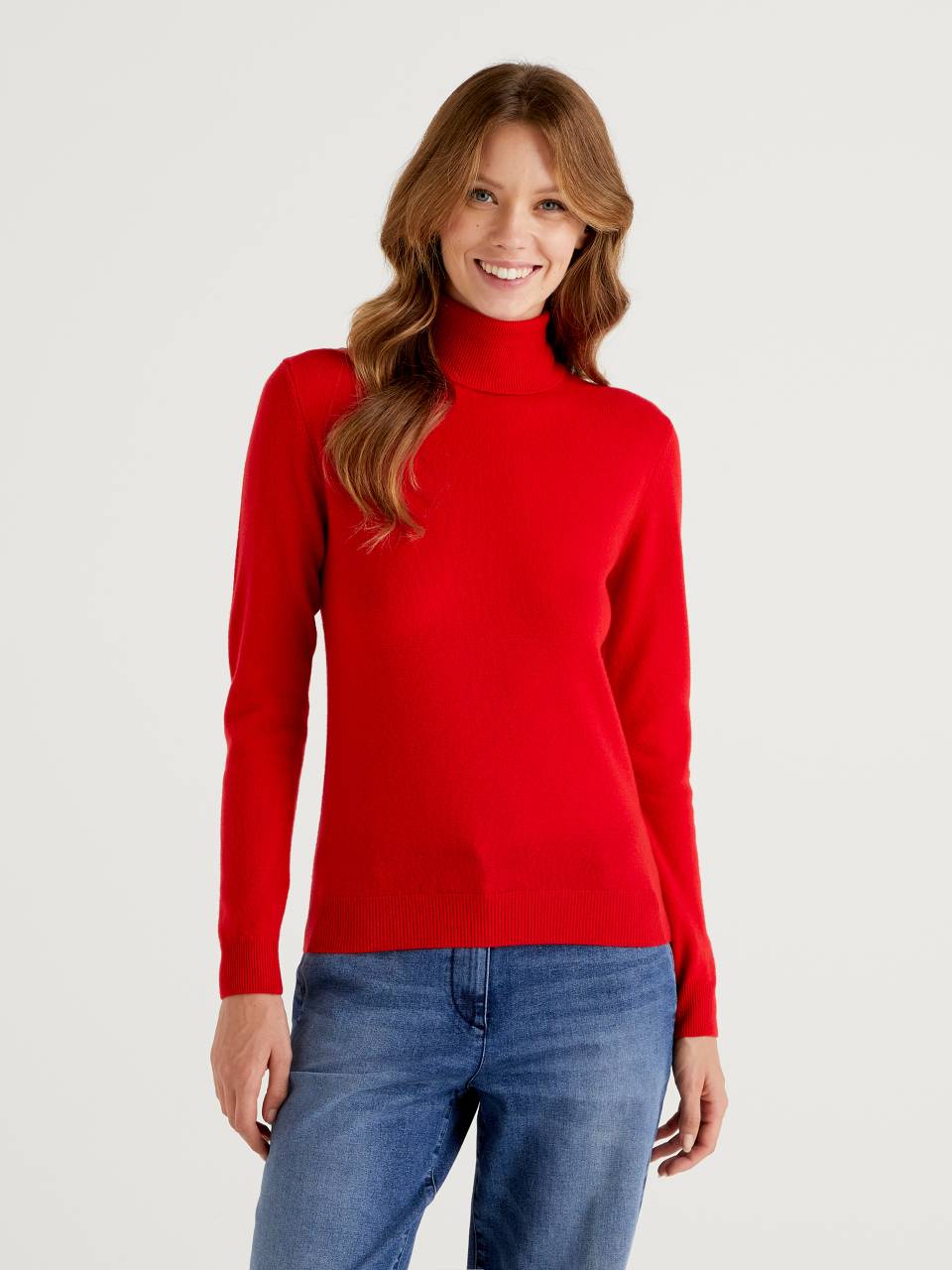 Jersey de cuello alto rojo de pura lana merina - Rojo