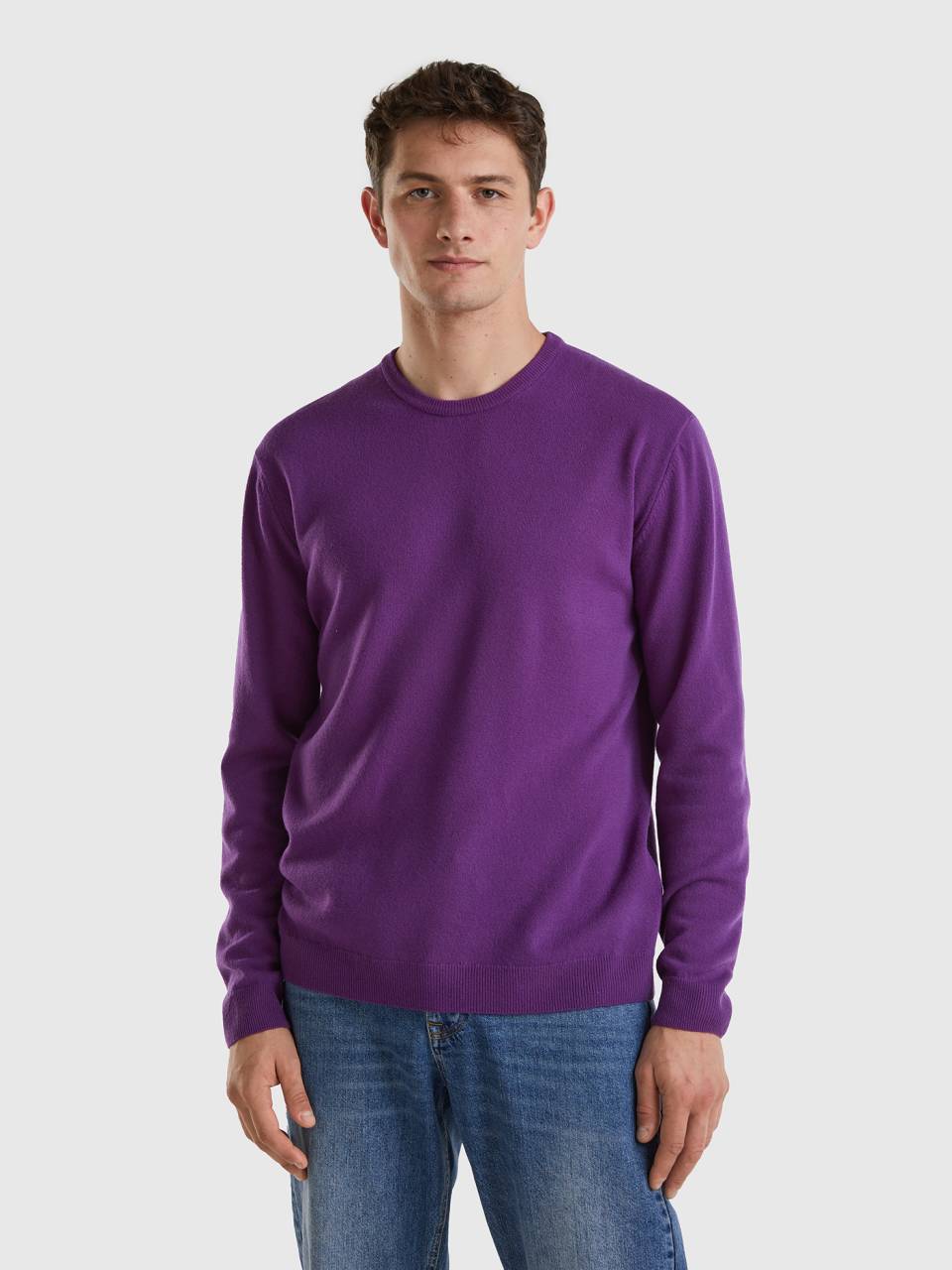 Jersey de cuello redondo morado de pura lana merina Morado Benetton