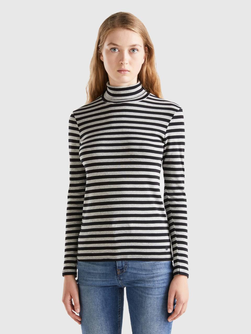 Camiseta de rayas con cuello alto Negro Benetton