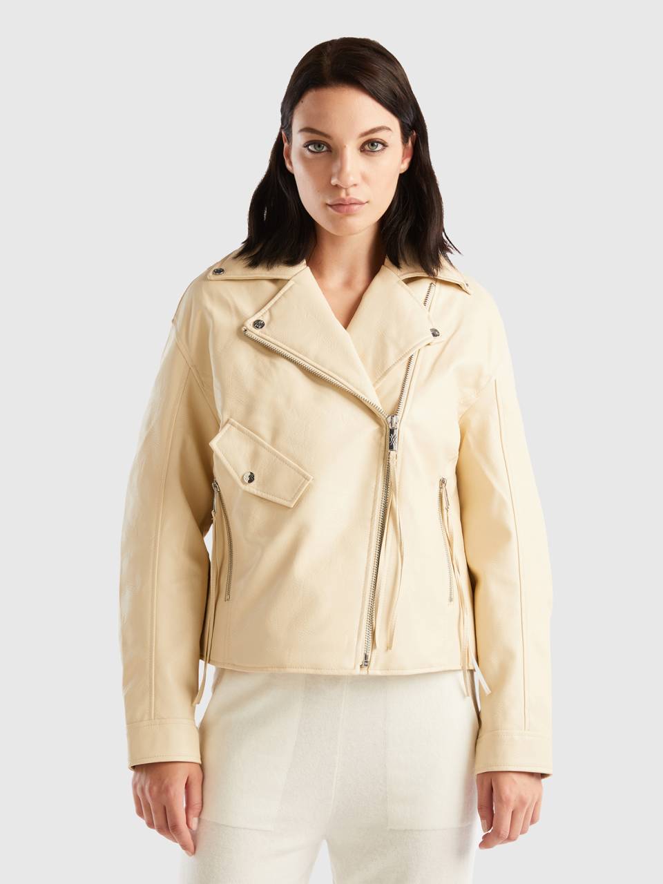 Cazadora motera con efecto piel Beige Benetton